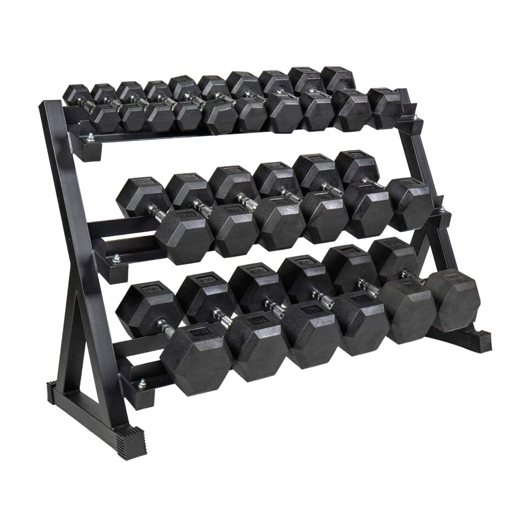 Black hexagonal dumbbells on a metal rack on a white background