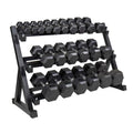 Black hexagonal dumbbells on a metal rack on a white background