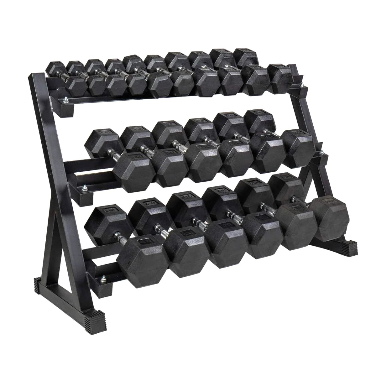 Black hexagonal dumbbells on a metal rack on a white background