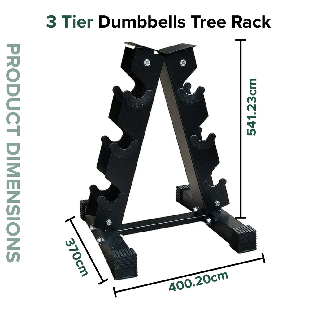 3-tier dumbbells tree rack with dimensions on a white background