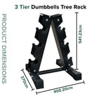 3-tier dumbbells tree rack with dimensions on a white background