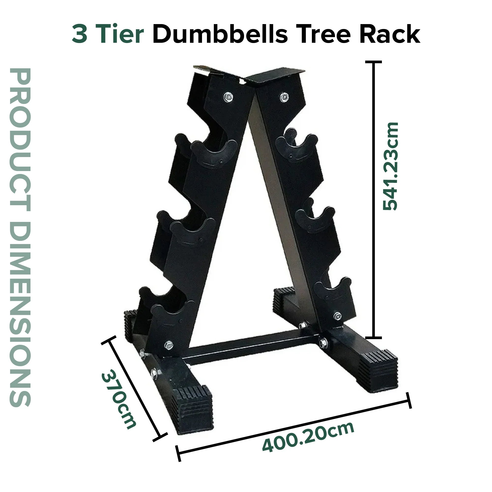 3-tier dumbbells tree rack with dimensions on a white background