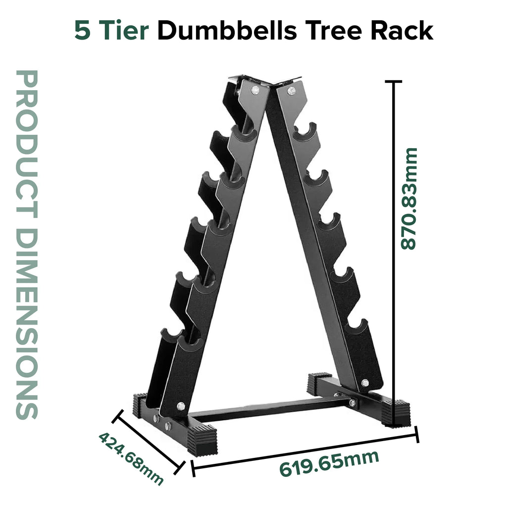 5-tier dumbbells tree rack with dimensions on a white background