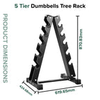 5-tier dumbbells tree rack with dimensions on a white background