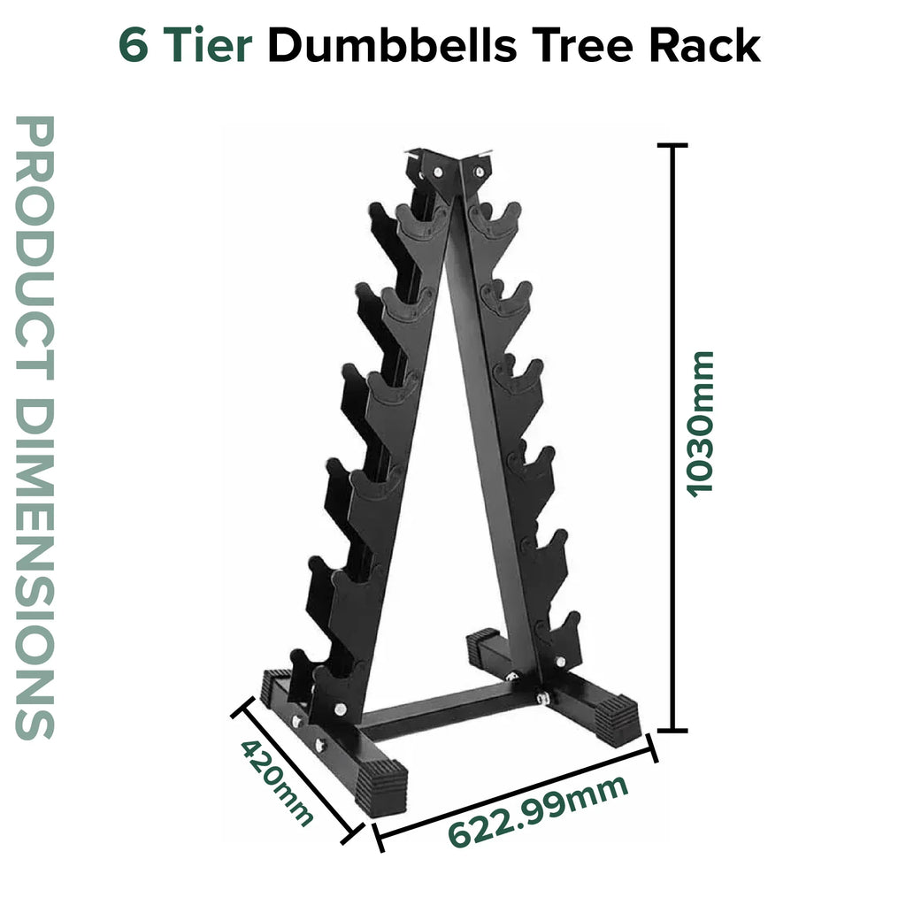 6-tier dumbbells tree rack with dimensions on a white background