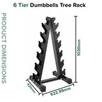 6-tier dumbbells tree rack with dimensions on a white background