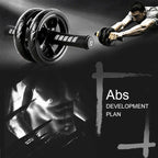 Person using an ab roller with text 'Abs Development Plan' on a dark background
