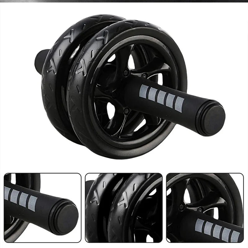 Black ab roller with close-up insets on a white background