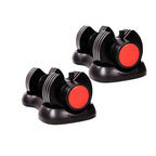 Two pairs of black dumbbells with red ends on a white background