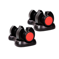 Two pairs of black dumbbells with red ends on a white background