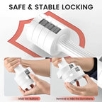 White dumbbell holder with text 'Safe & Stable Locking' and demonstration of use.