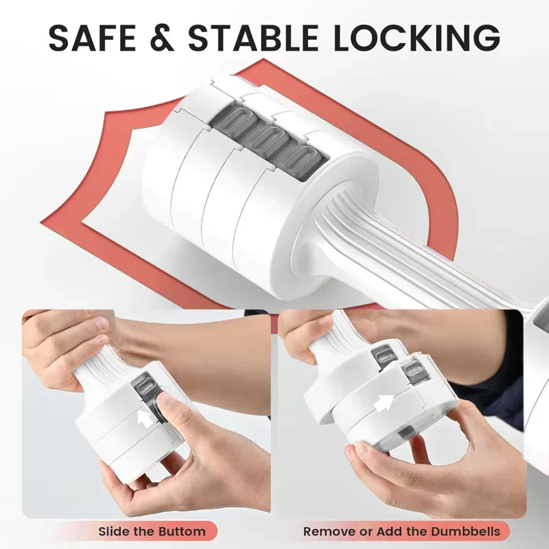 White dumbbell holder with text 'Safe & Stable Locking' and demonstration of use.