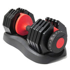 Pair of adjustable dumbbells with red padding on a white background