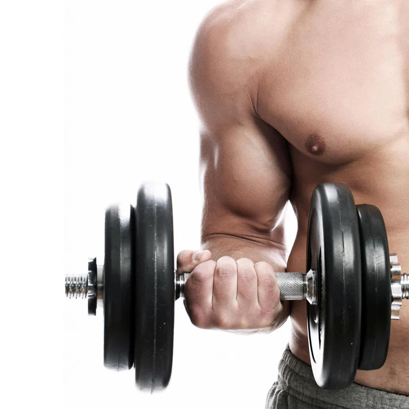 Person lifting a dumbbell with a white background
