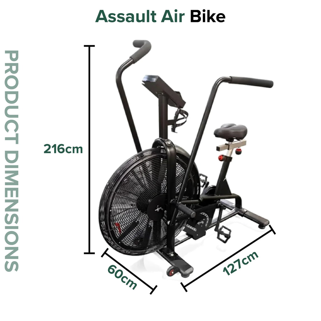 Assault Air Bike with dimensions labeled on a white background