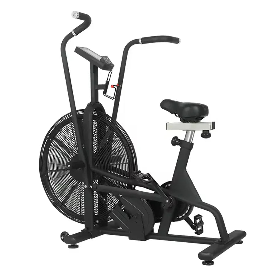 Black exercise bike on a white background