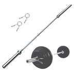 Barbell with weight plates and attachments on a white background