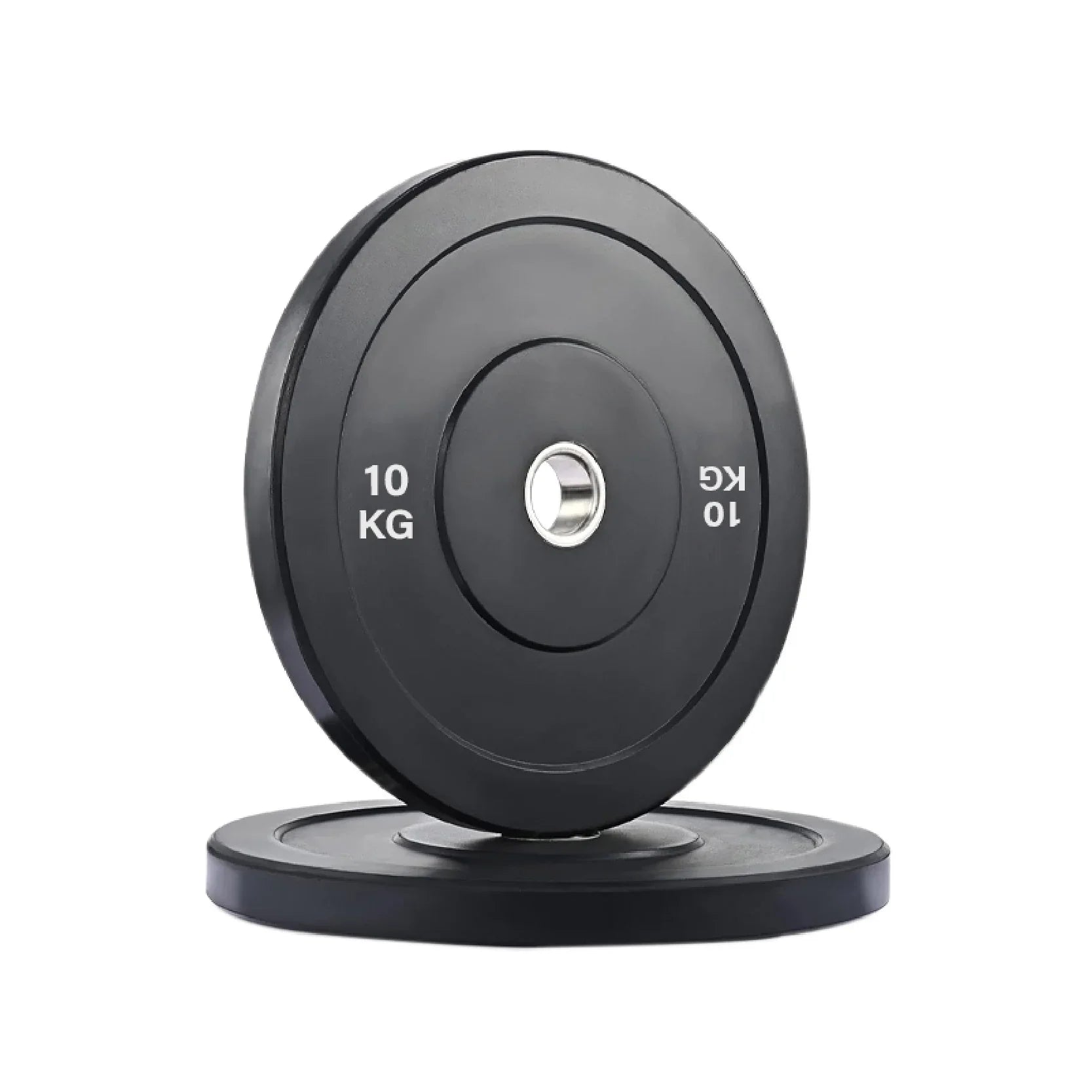 Black weight plate with '10 KG' marking on a white background