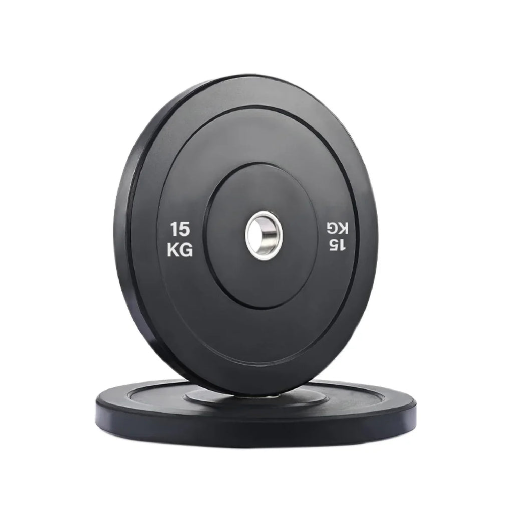 Black weight plate with '15 KG' marking on a white background
