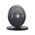 Black weight plate with '15 KG' marking on a white background