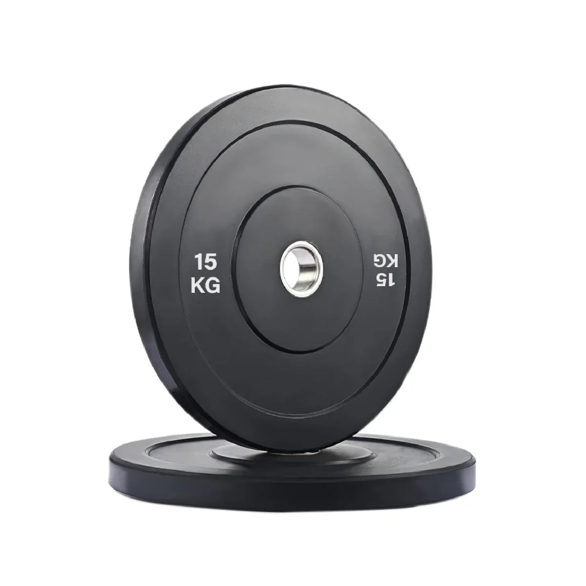 Black weight plate with '15 KG' marking on a white background