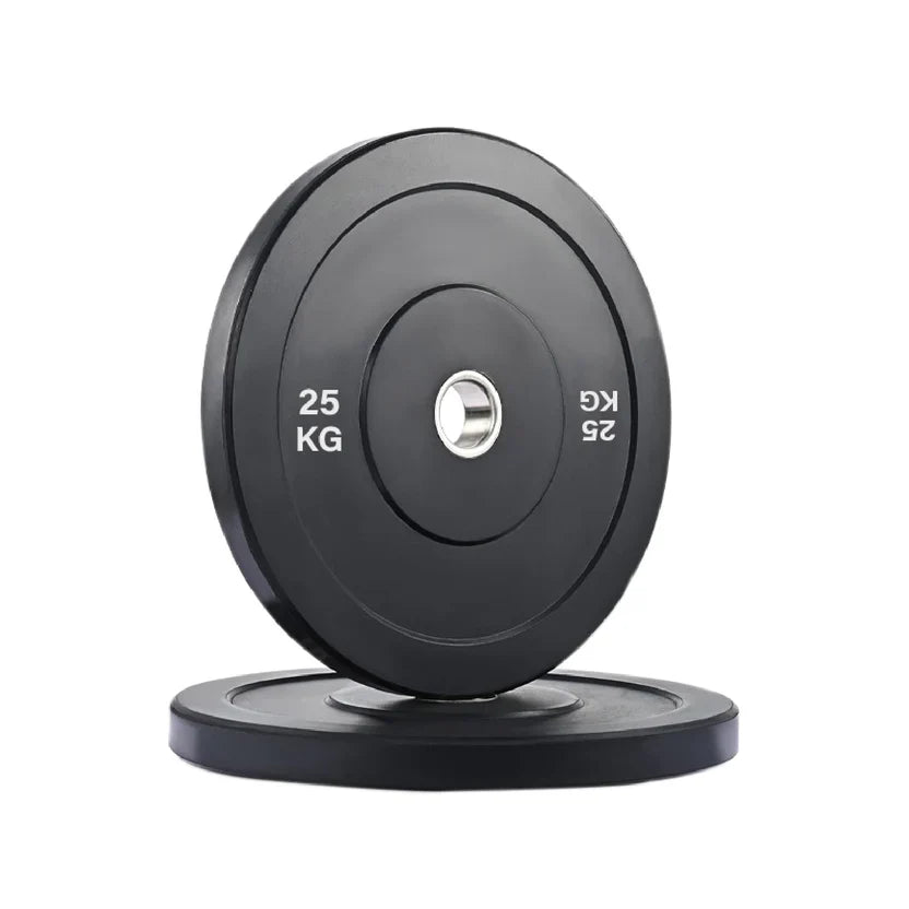 Black weight plate with '25 KG' marking on a white background