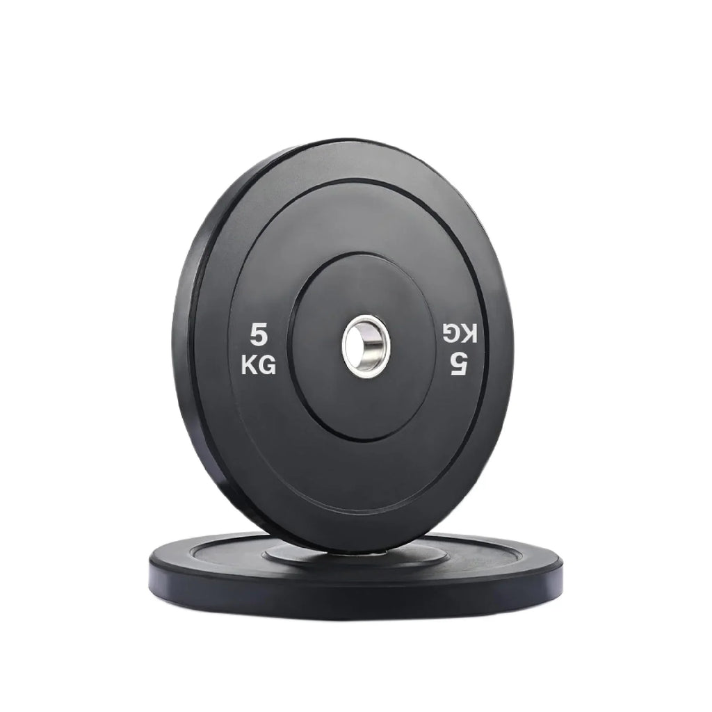 Pair of black weight plates with '5 KG' marking on a white background