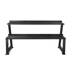 Black metal bench with two shelves on a white background