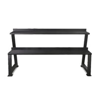 Black metal bench with two shelves on a white background