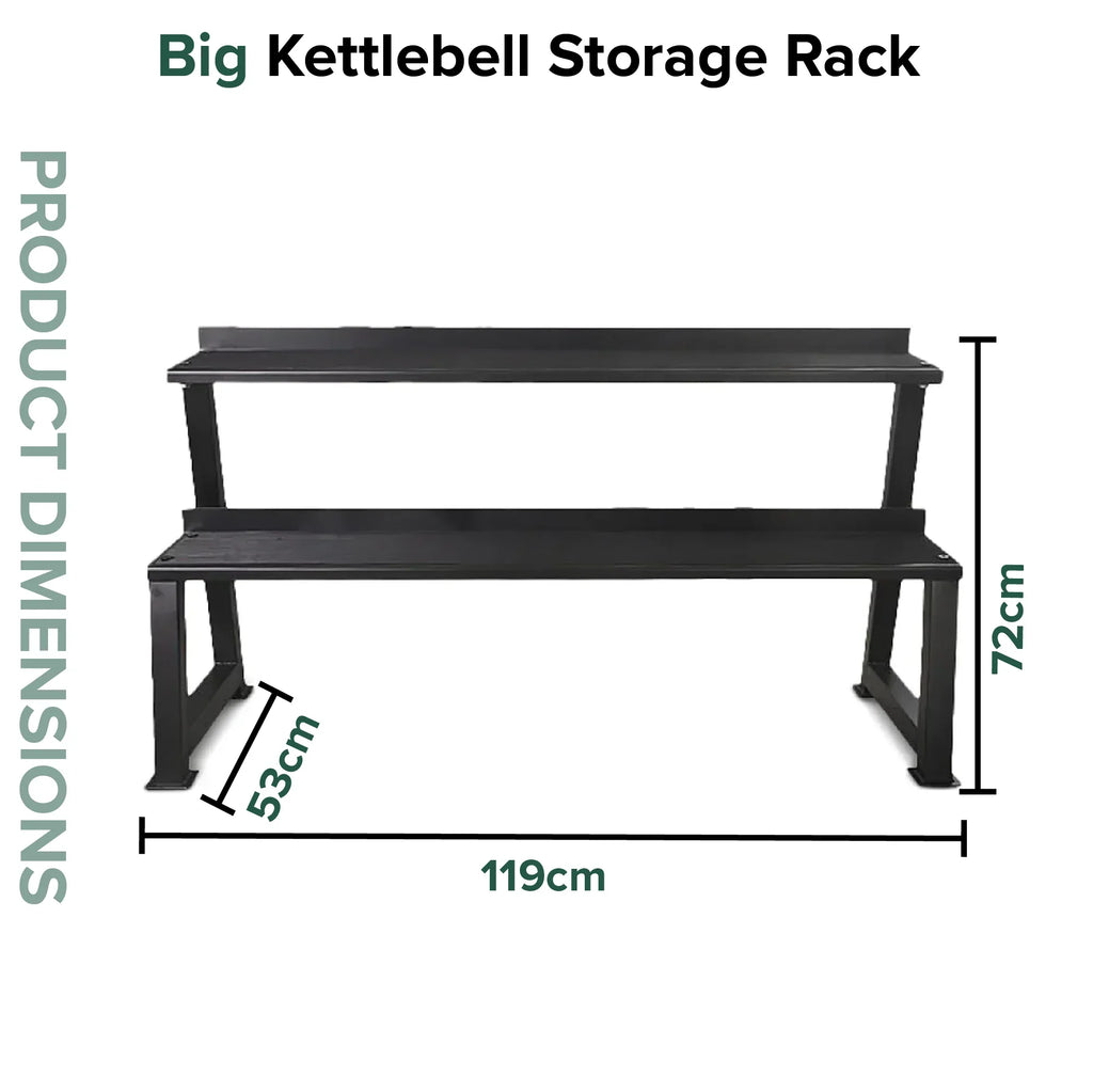 Black kettlebell storage rack with dimensions on a white background
