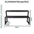Black kettlebell storage rack with dimensions on a white background