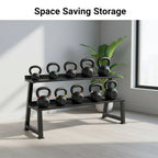 Kettlebell storage rack with kettlebells in a room with a plant and window.