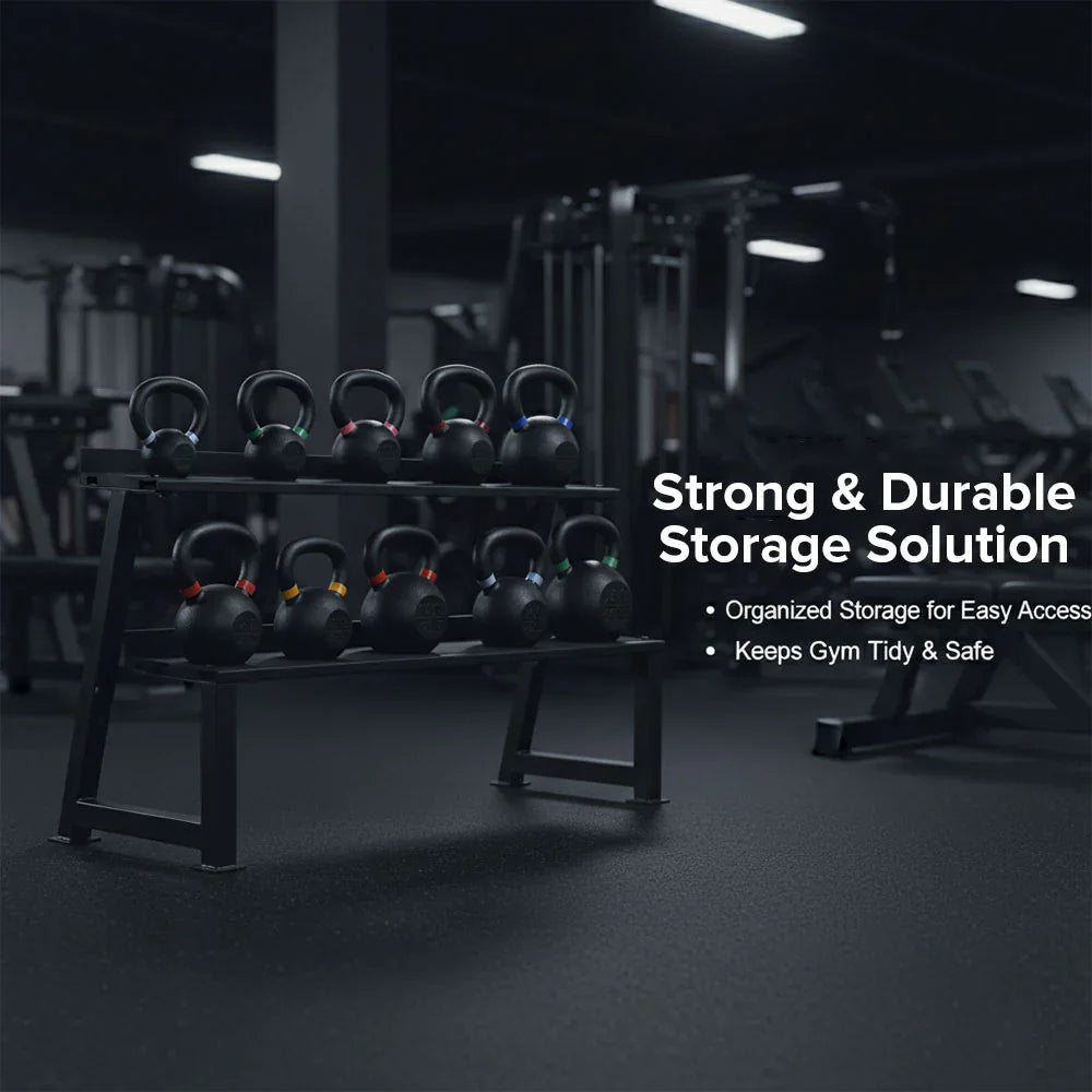 Kettlebell storage rack in a gym with text highlighting features