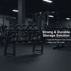 Kettlebell storage rack in a gym with text highlighting features