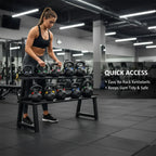 Woman organizing kettlebells on a rack in a gym setting