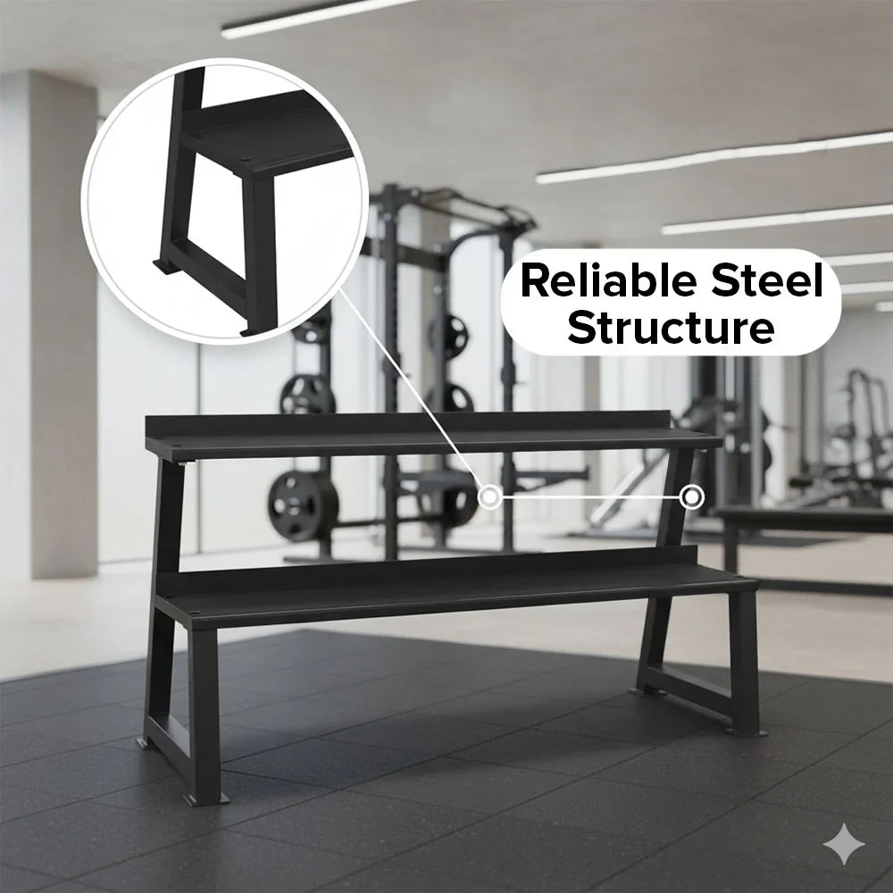 Black metal bench in a gym setting with highlighted steel structure