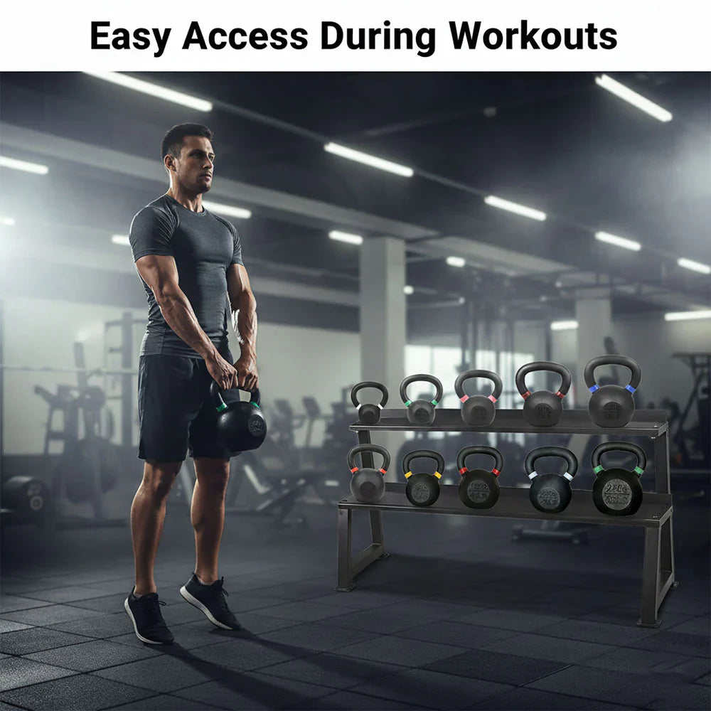 Man holding a kettlebell with a rack of kettlebells in a gym setting