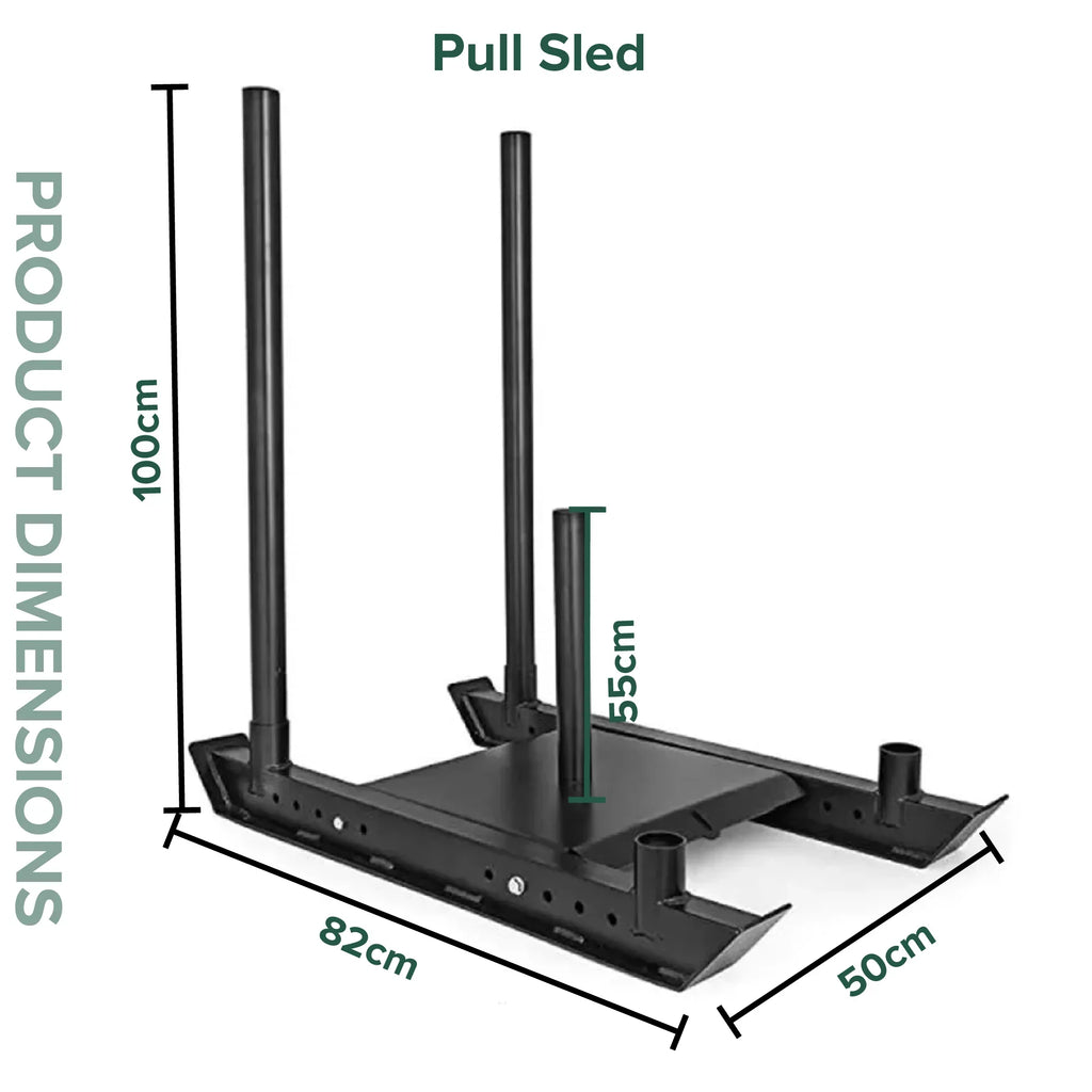 Black pull sled with dimensions labeled on a white background