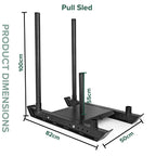 Black pull sled with dimensions labeled on a white background