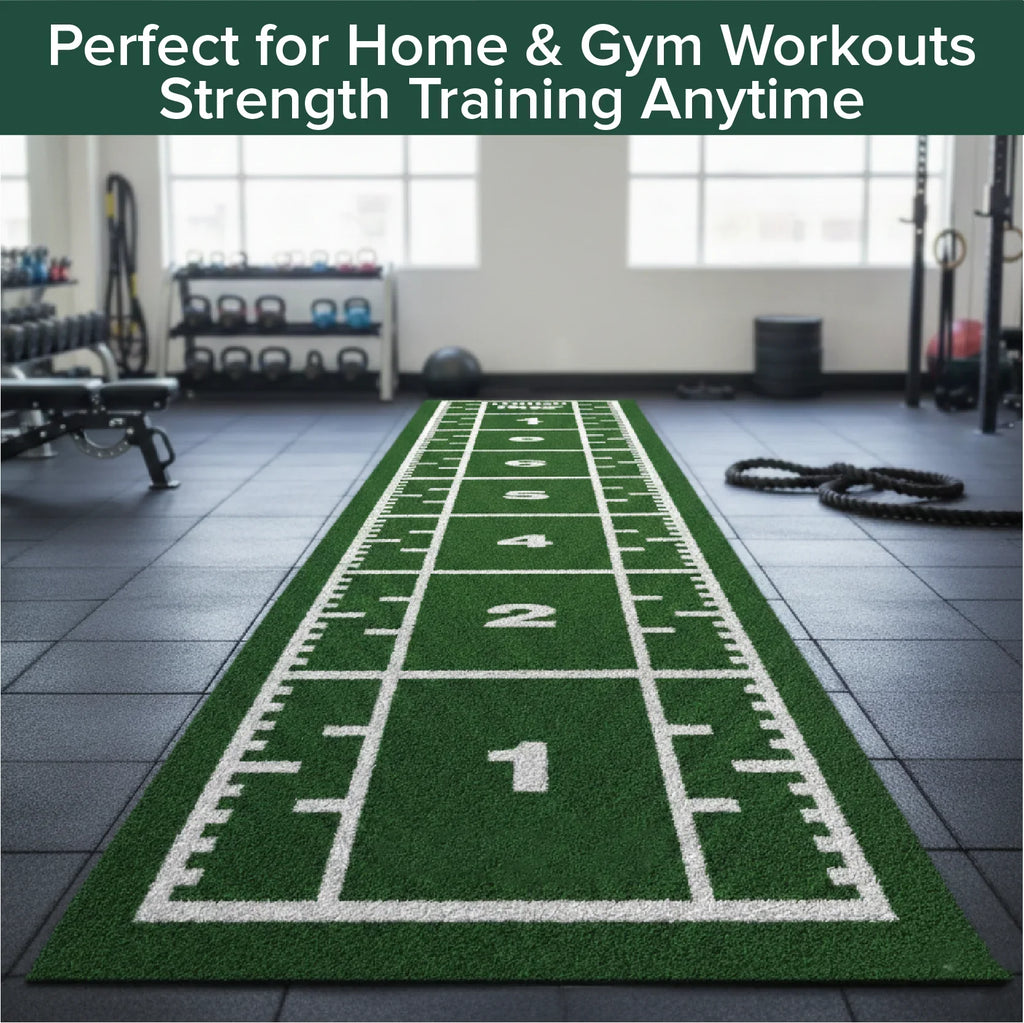 Green sports-themed mat with white markings in a gym setting