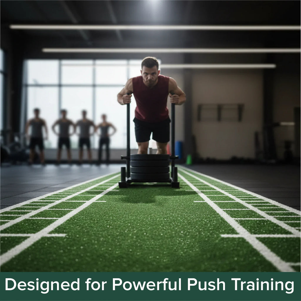 Man using a push sled on a sports field with text 'Designed for Powerful Push Training'.