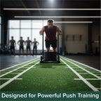 Man using a push sled on a sports field with text 'Designed for Powerful Push Training'.