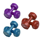 Set of purple, red, and blue dumbbells with weight markings on a white background