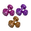 Purple and brown dumbbells with weight markings on a white background