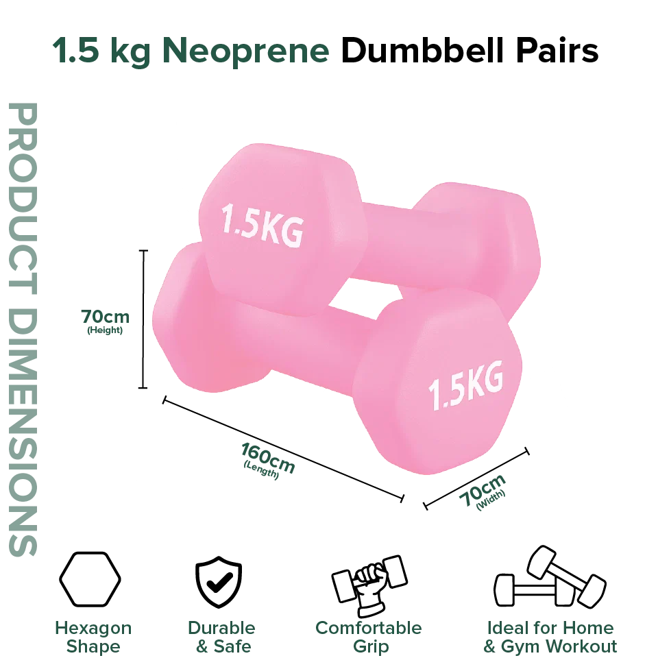 Pink neoprene dumbbells with weight label and product dimensions on a white background