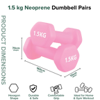 Pink neoprene dumbbells with weight label and product dimensions on a white background