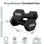 10 kg neoprene dumbbells with dimensions and features on a white background