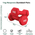 Red 1 kg neoprene dumbbells with product dimensions on a white background