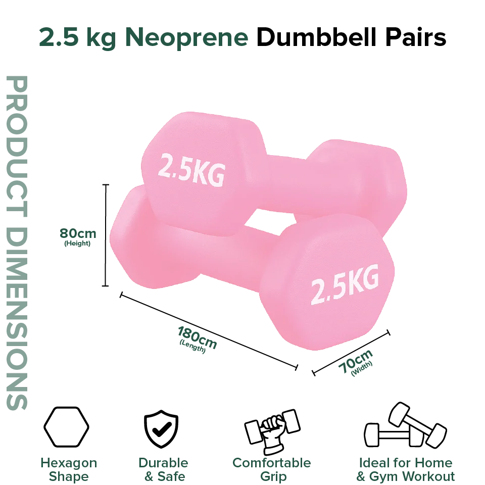 Pink neoprene dumbbells with weight indication and product dimensions on a white background