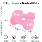 Pink neoprene dumbbells with weight indication and product dimensions on a white background